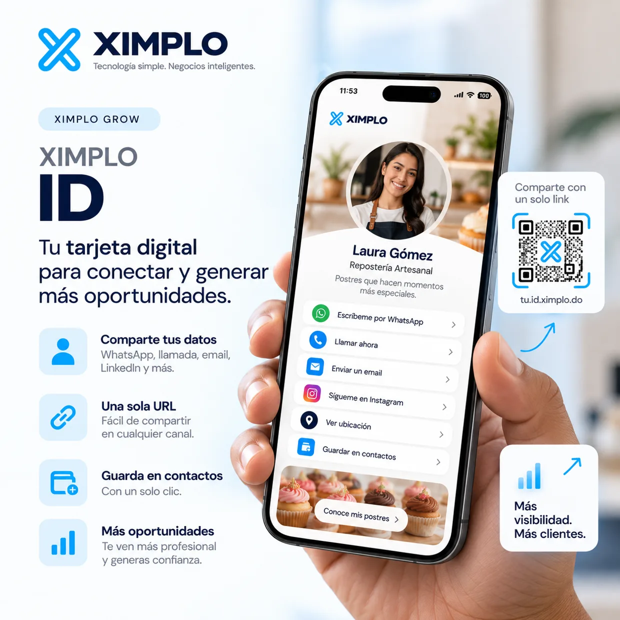XIMPLO ID: tu tarjeta digital con un solo enlace para compartir WhatsApp, teléfono, correo y redes