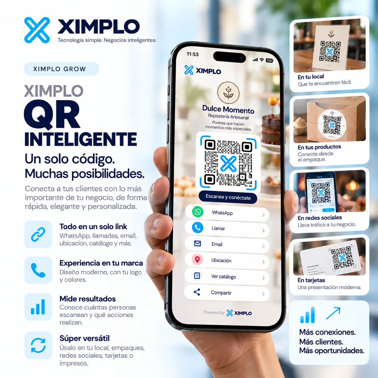 QR Inteligente de XIMPLO GROW: un solo código que conecta WhatsApp, llamadas, email, ubicación y catálogo
