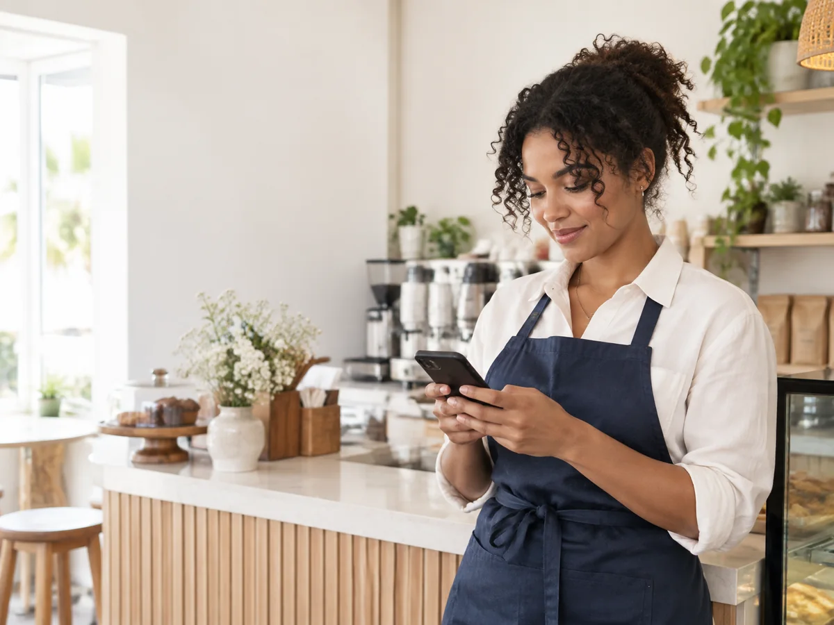 Emprendedora dominicana trabajando en su negocio mientras consulta su teléfono