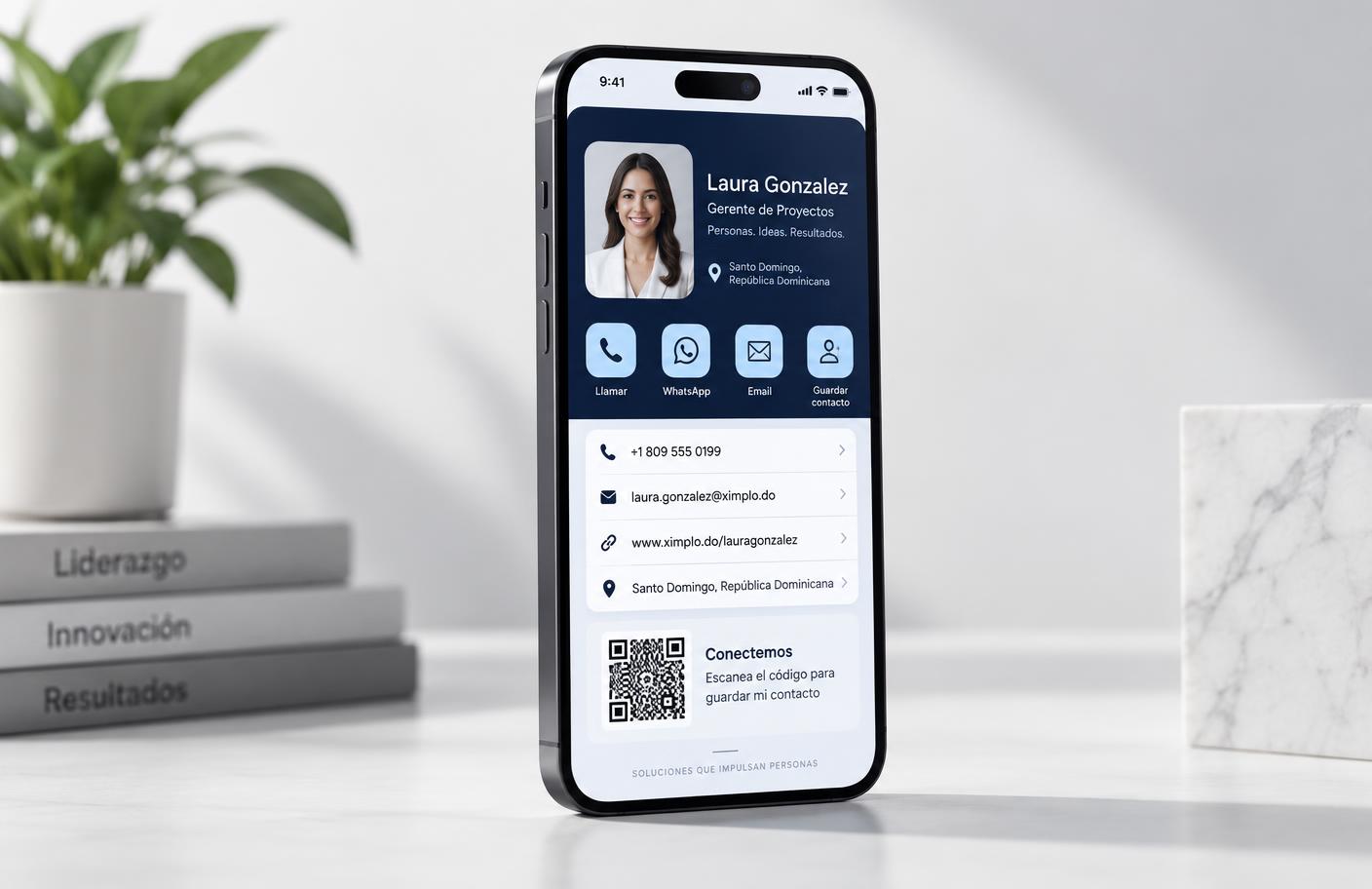 XIMPLO ID, tarjeta digital de identidad comercial mostrada en un teléfono